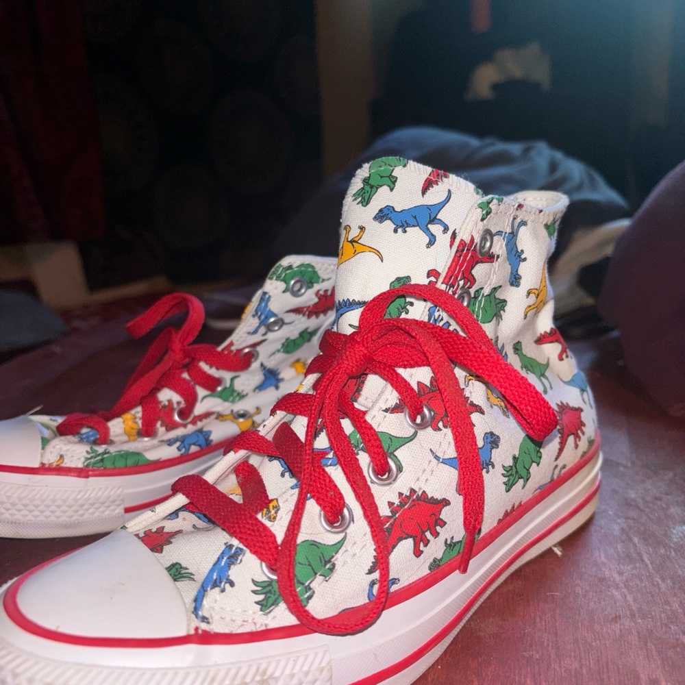 Dinosaur Print High-Top Sneakers with Red Laces